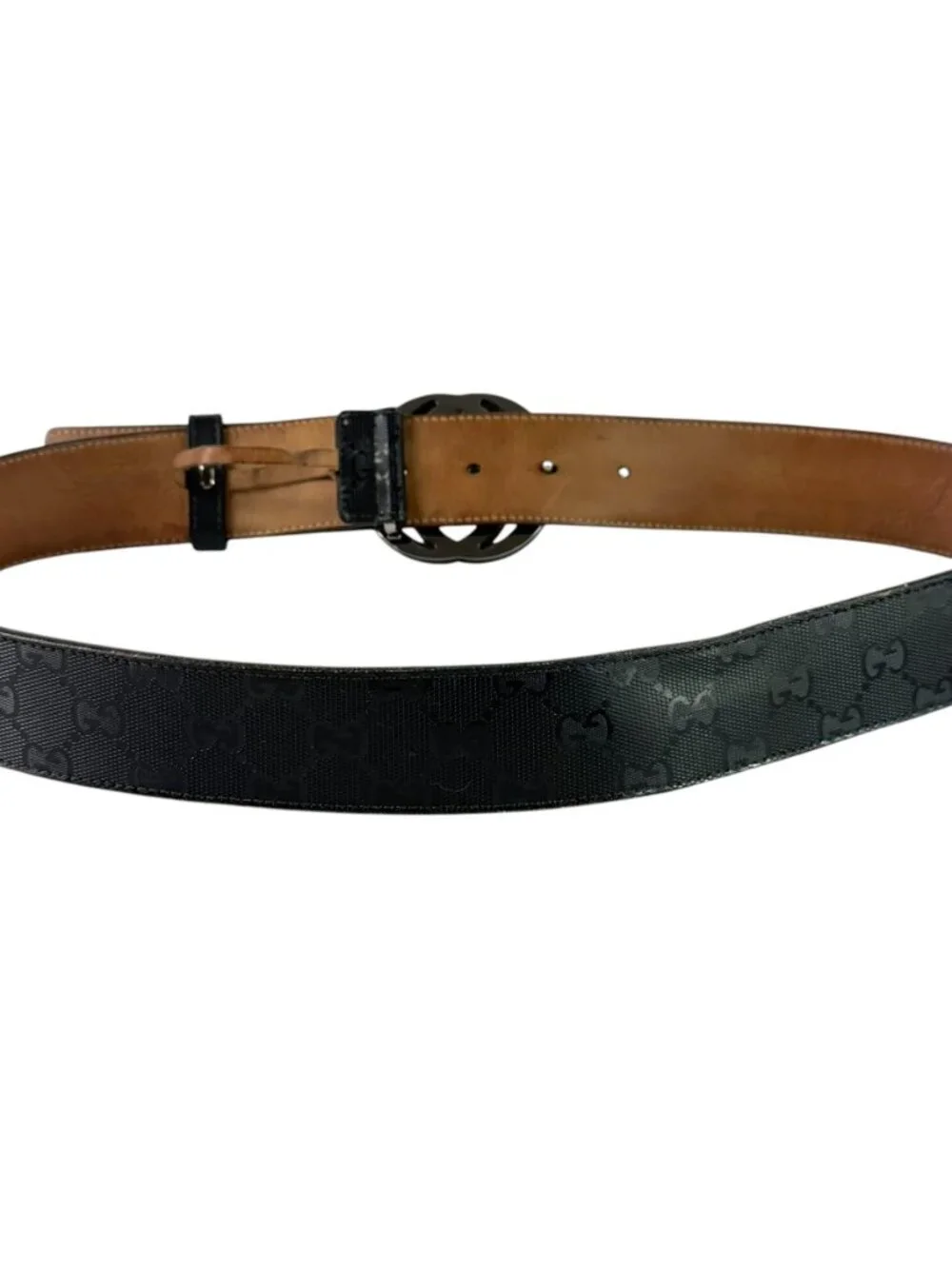 GUCCI Black Canvas & Leather Supreme GG Interlocking Buckle Mens Belt 90/36